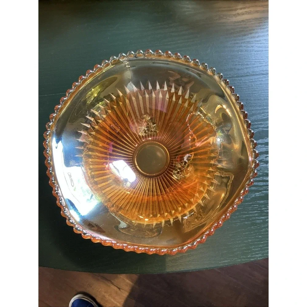 Vintage Jeanette Carnival Glass Anniversary Marigold‎ Three - Footed Bowl